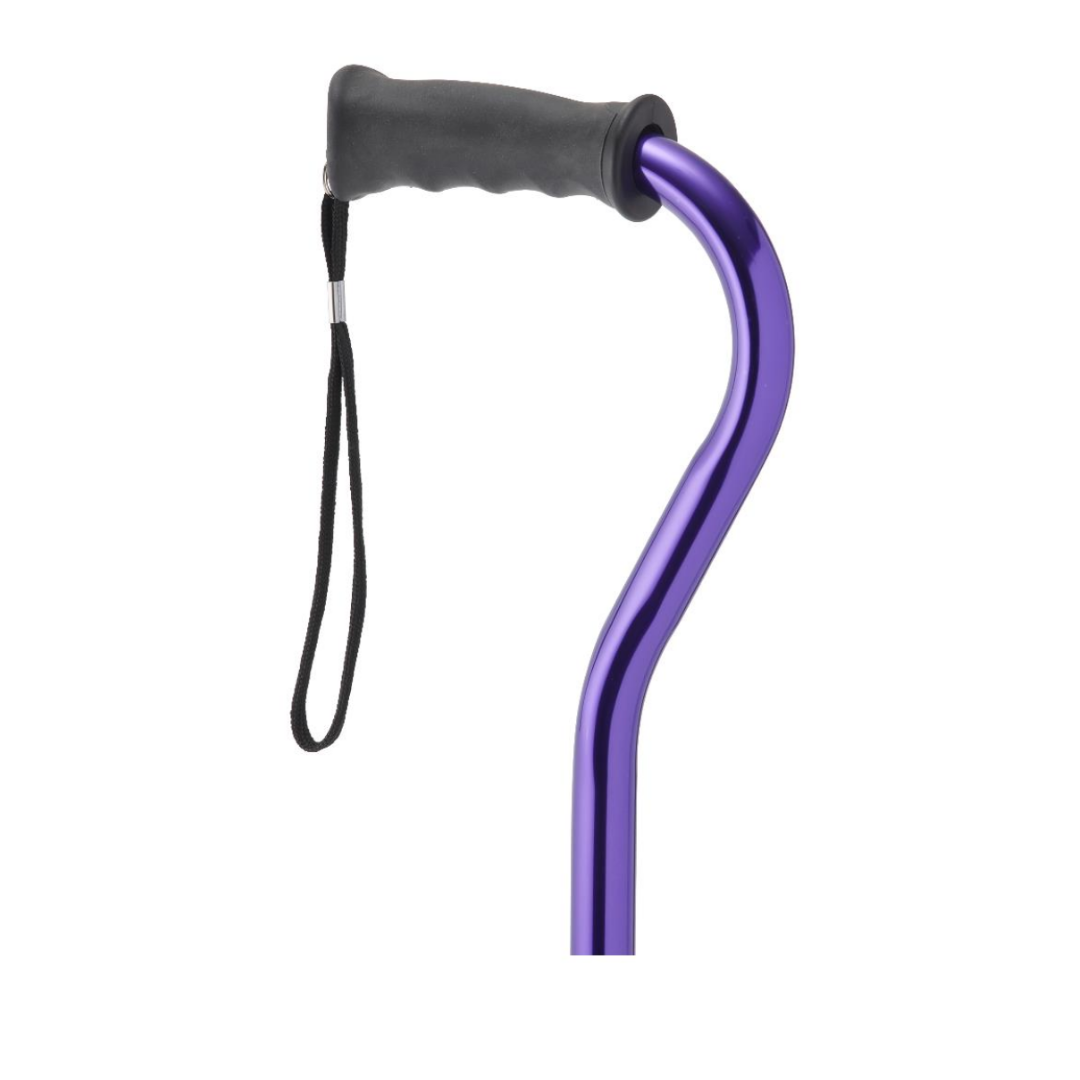 A close-up of the Medline Aluminum Offset Cane with a purple, height-adjustable frame, ergonomic gel grip handle, black foam comfort grip, and black wrist strap shown against a white background.